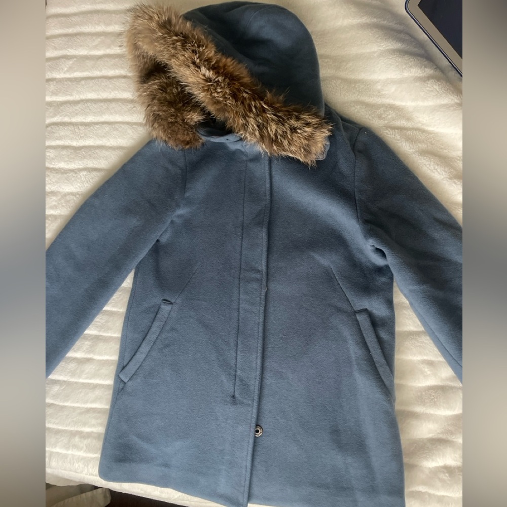 WOOLRICH LIGHT BLUE WOOL COAT WITH REAL FUR XS-S